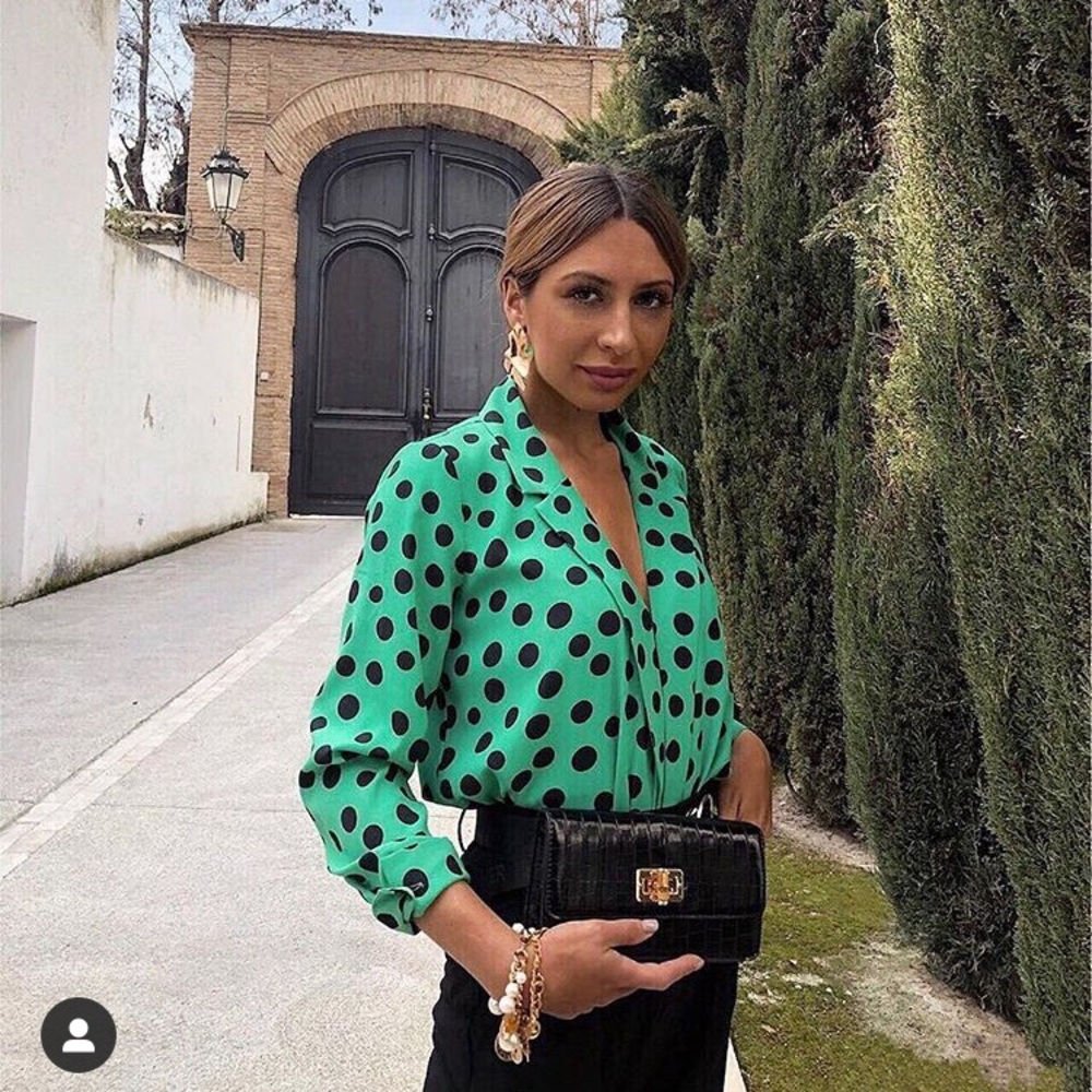 ZARA POLKA DOT Black Green BLOUSE XS 205/mn - Picture 7 of 7